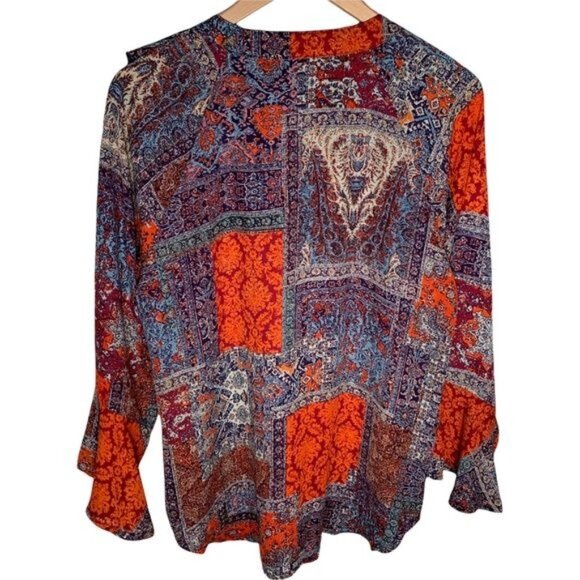 New Directions Boho Patchwork Blouse Large V-Neck Bell Sleeve Fall Top - Picture 2 of 10